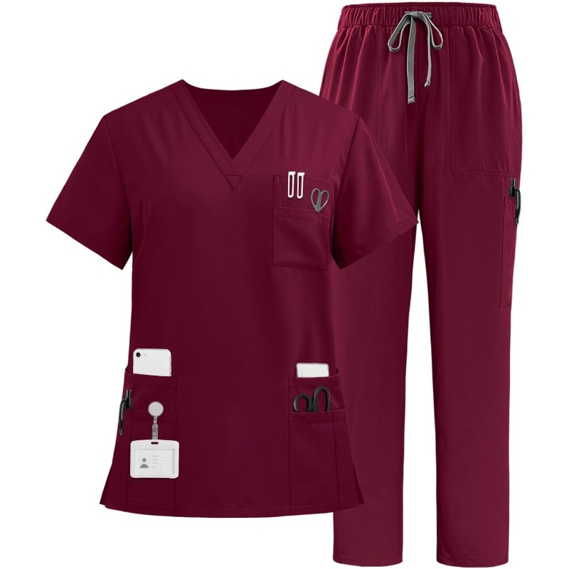 Multiple Pockets Top and Drawstring Scrub Pant Set
