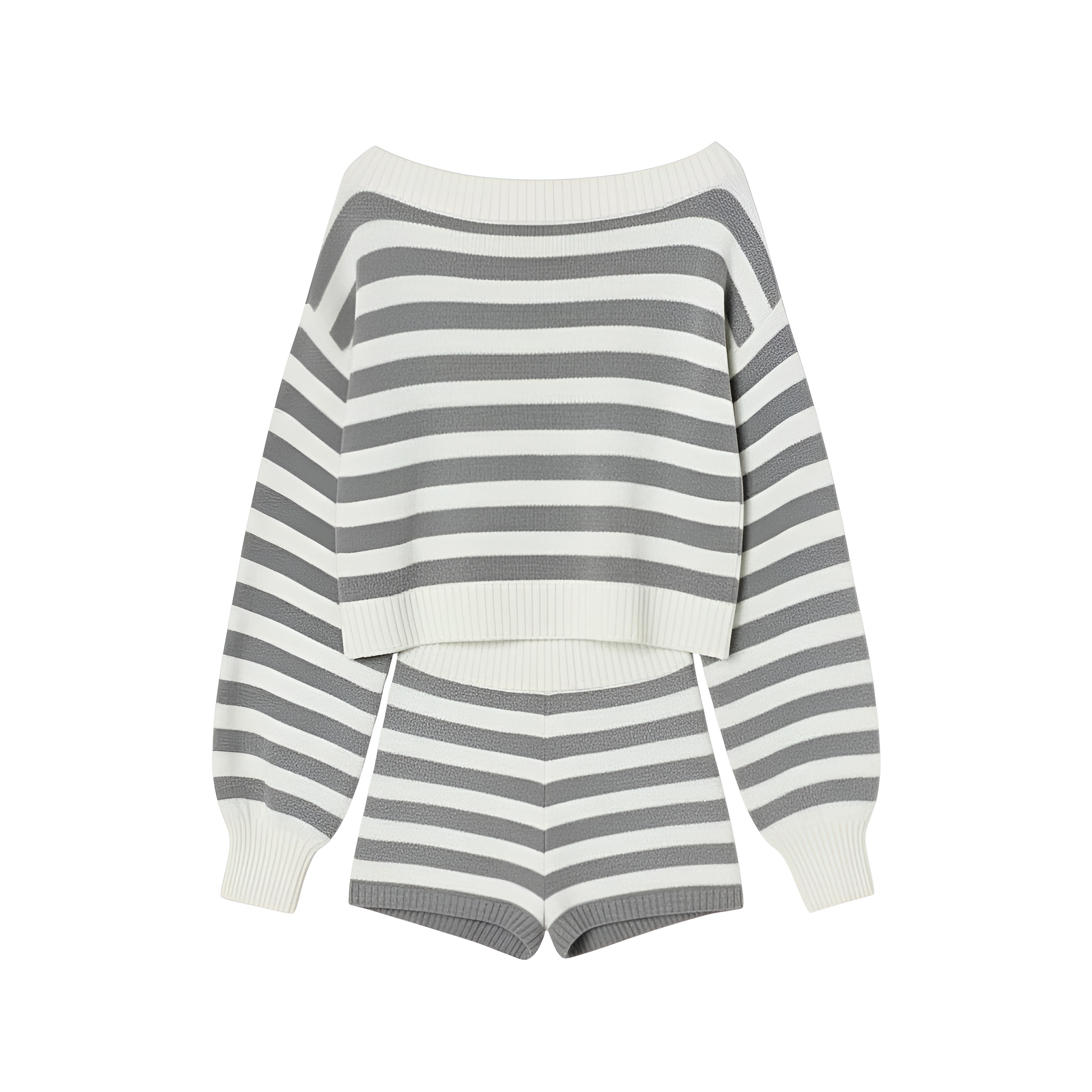 Striped Knit Two Piece Set With Long Sleeves And Shorts