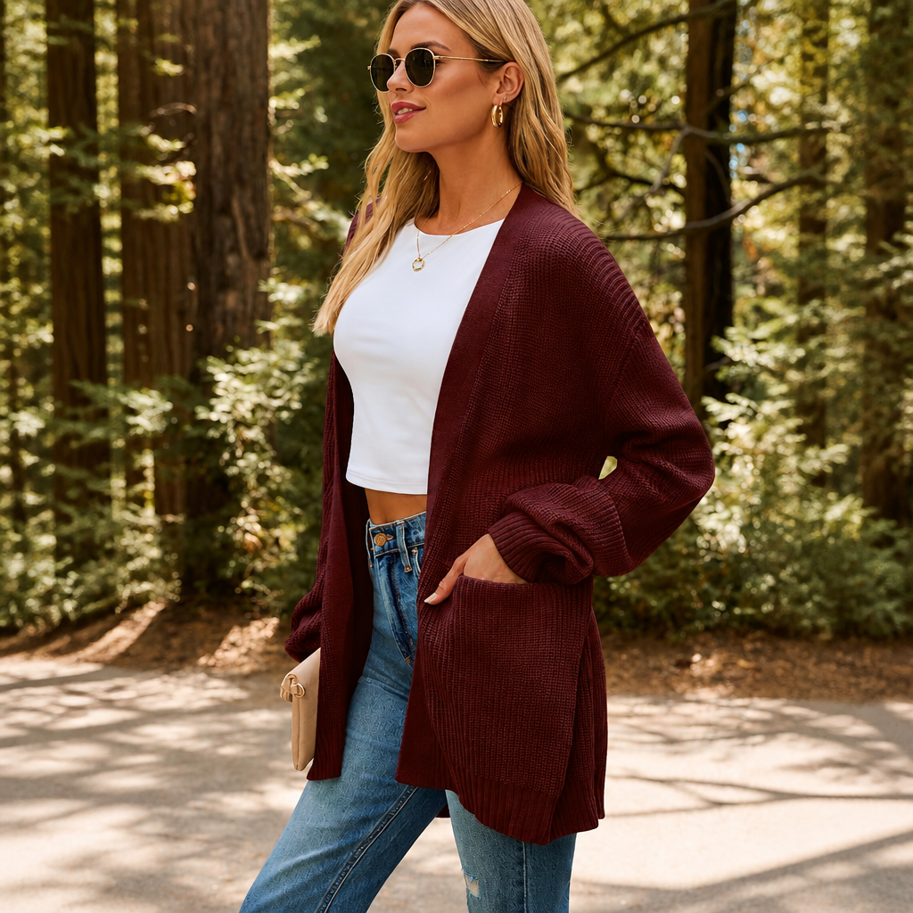 Oversized Open Front Knit Cardigan with Pockets for Women