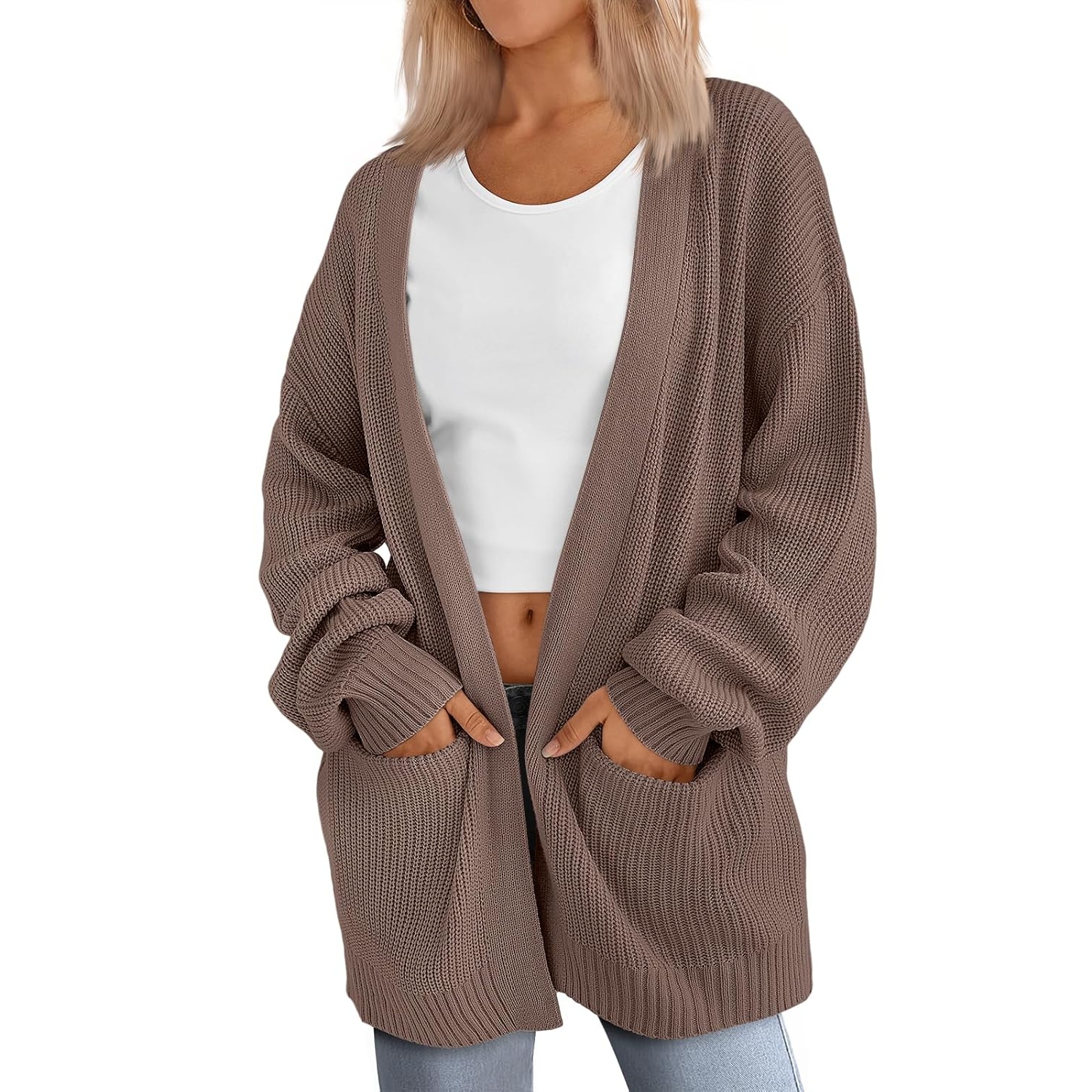 Oversized Open Front Knit Cardigan with Pockets for Women