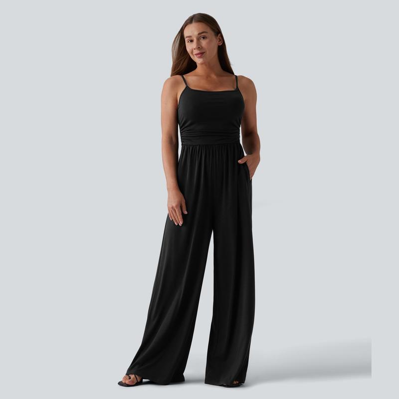 Casual Wide Ruched Jumpsuit With Pockets For Women