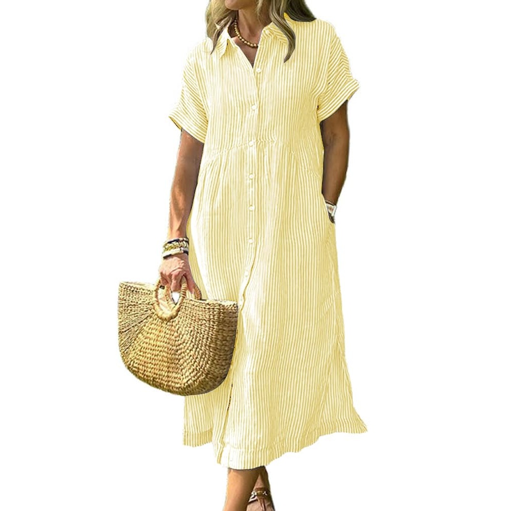 Summer Striped Button Down Midi Shirt Dress