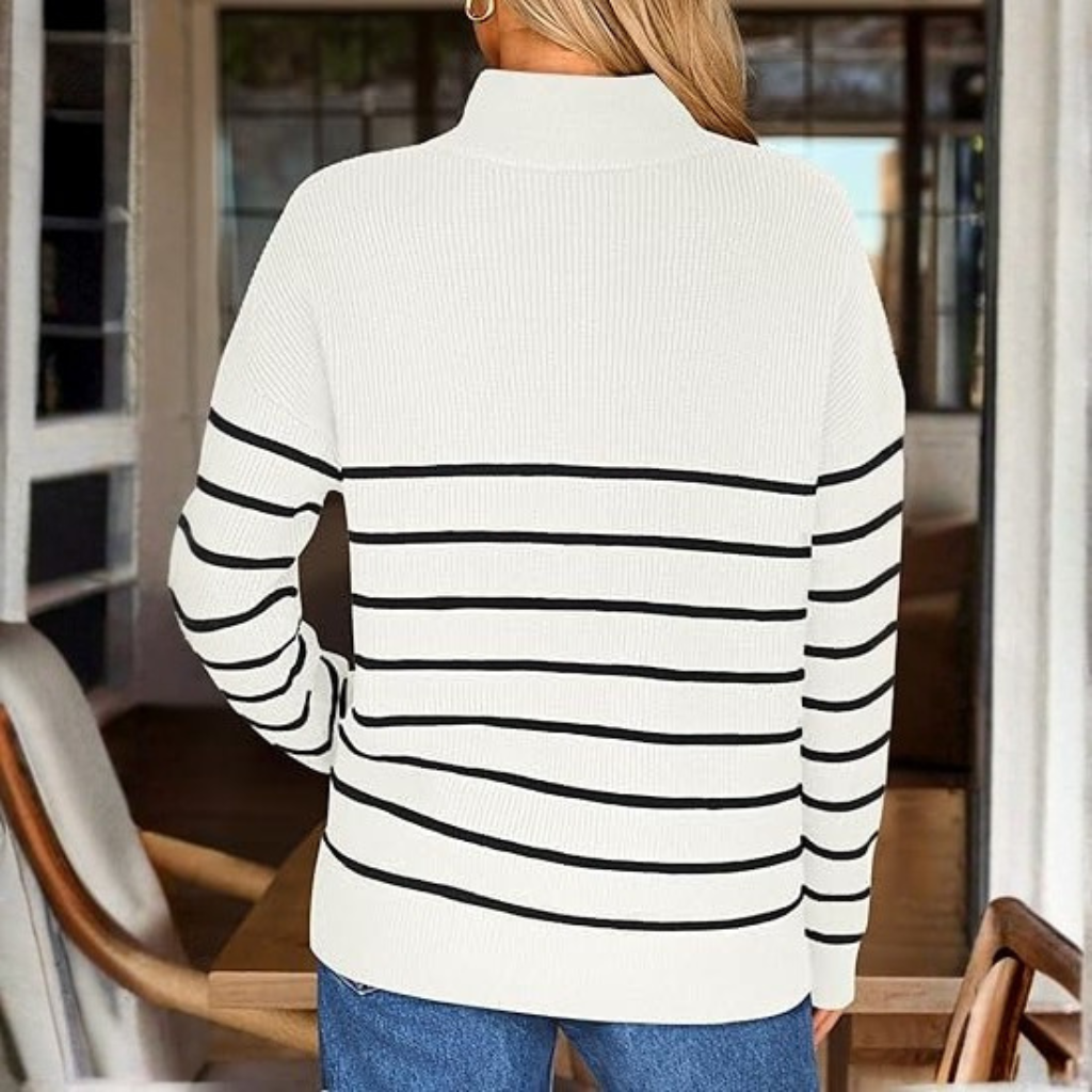 Quarter Zip Striped Design Oversized Sweater For Women