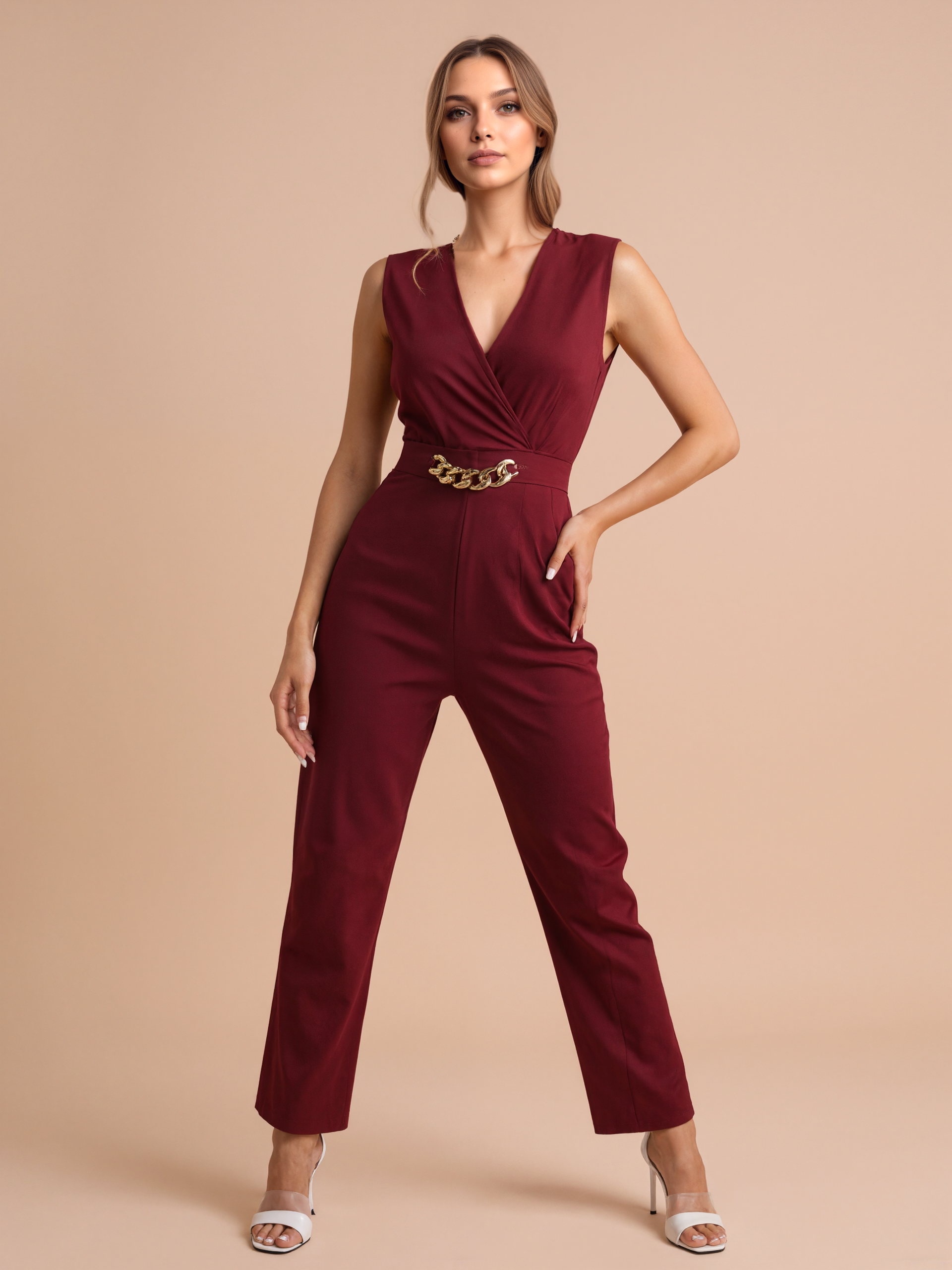 Wrap Front Jumpsuit With Chain Accent