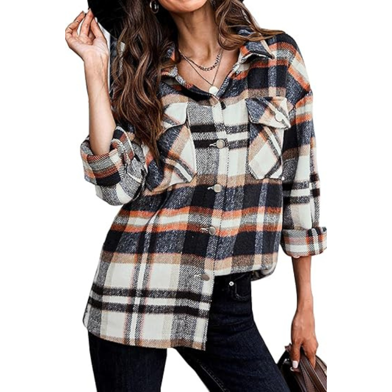 Women’s Plaid Flannel Shacket – Cozy Long Sleeve Button Down Shirt Jacket with Pockets for Fall