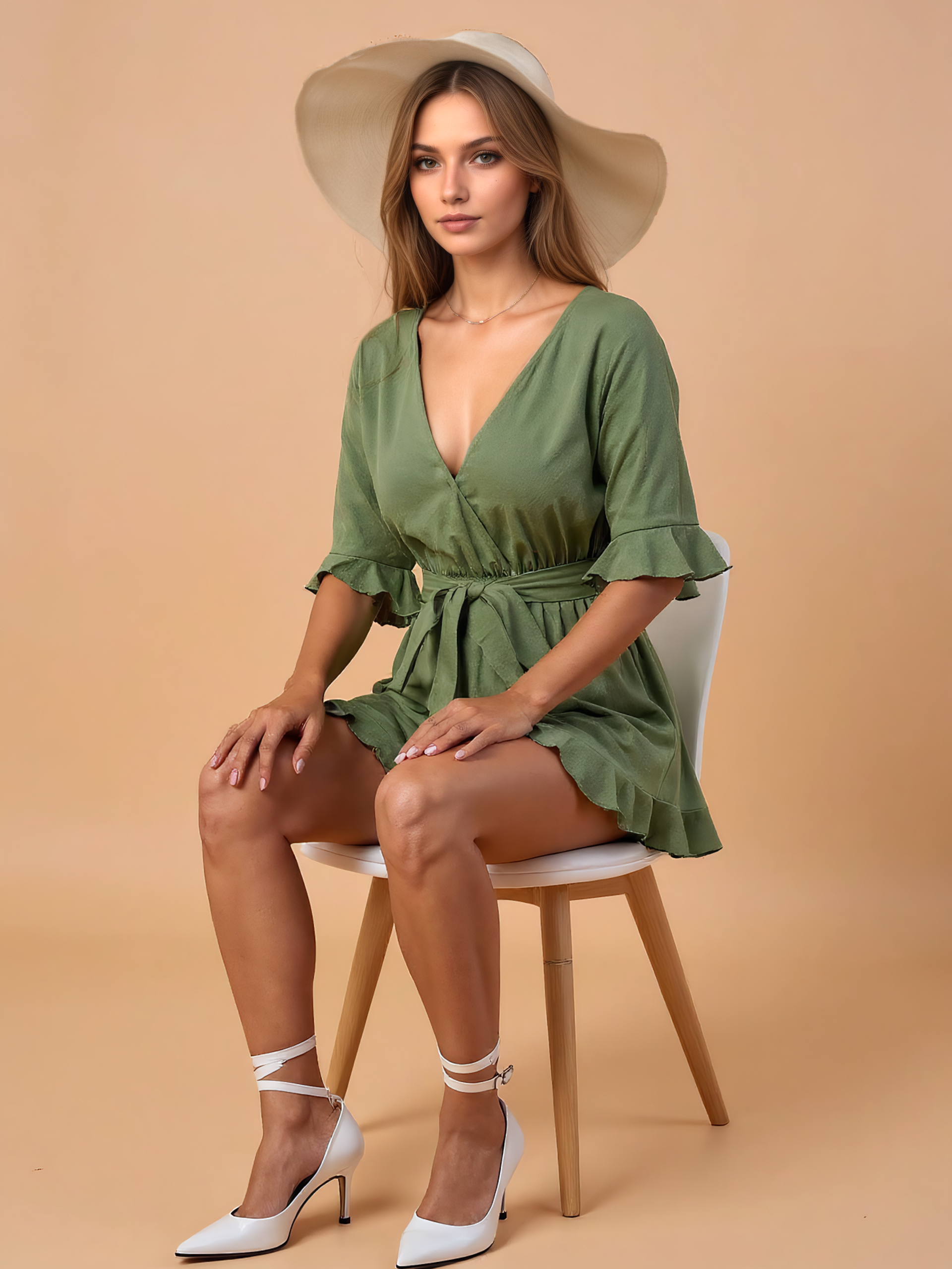 Waist Tie Romper With Ruffle Sleeves