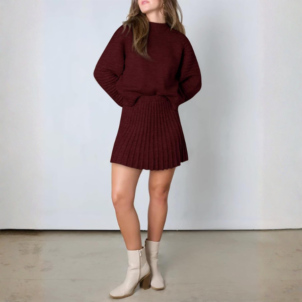2 Piece Ribbed Knit Puff Sleeve Sweater Top And Mini Skirt Outfit Set
