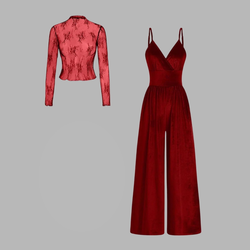 Valentine's Day Women's Solid Color Knitted Lace Tee & High Waist Pocket Jumpsuit Two-piece Set