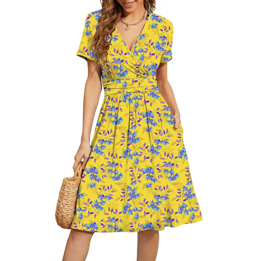 Summer Floral Short Sleeve Dress With Pockets