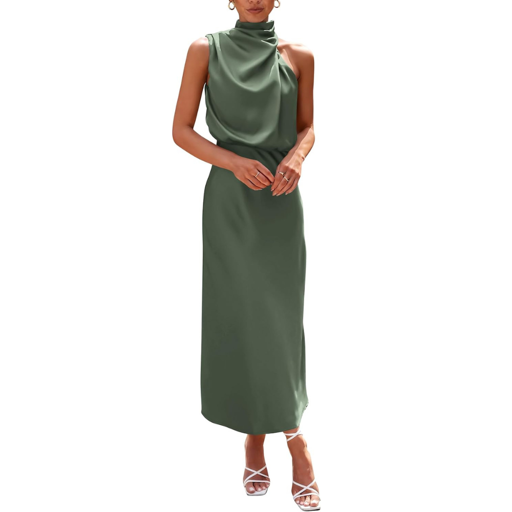 Elegant Sleeveless Satin Maxi Cocktail Party Dress