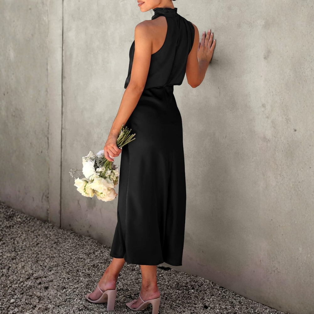 Elegant Sleeveless Satin Maxi Cocktail Party Dress
