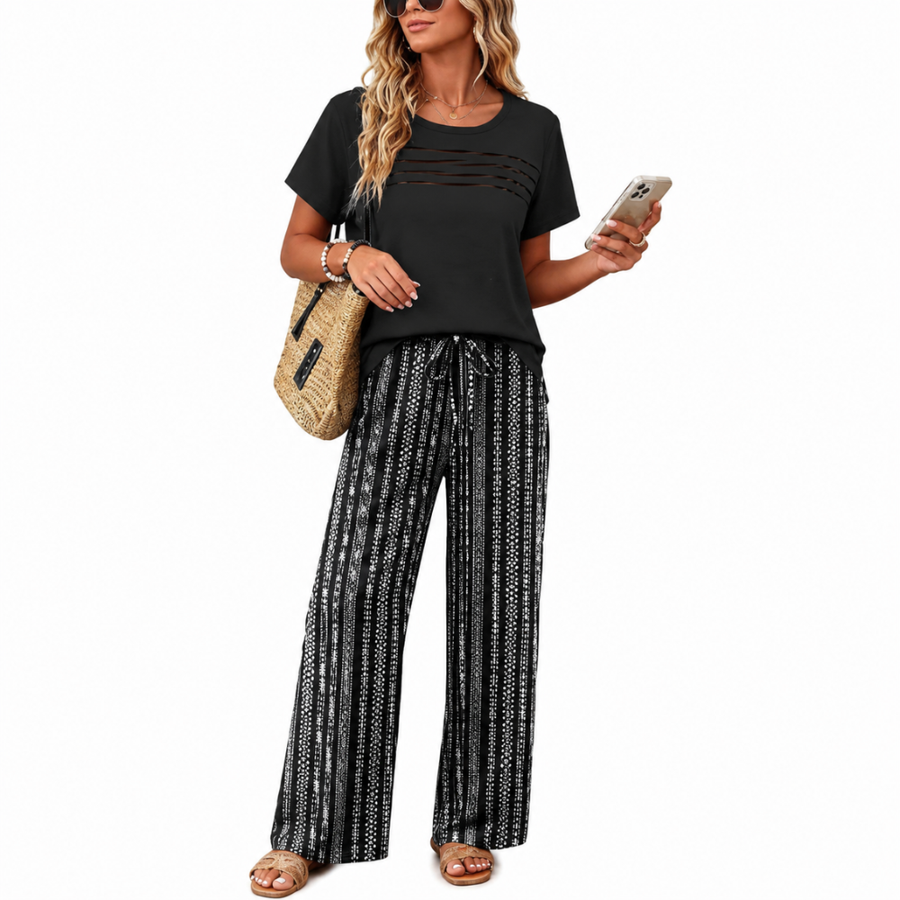 Pleated Front Top Wide Pants Lounge Set