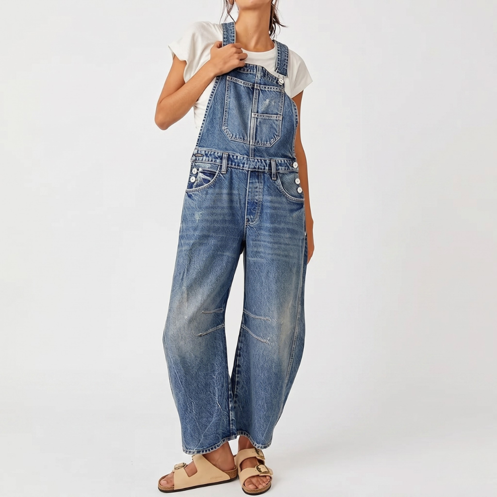 Loose Fit Wide Denim Bib Overalls Jumpsuit For Women With Pockets