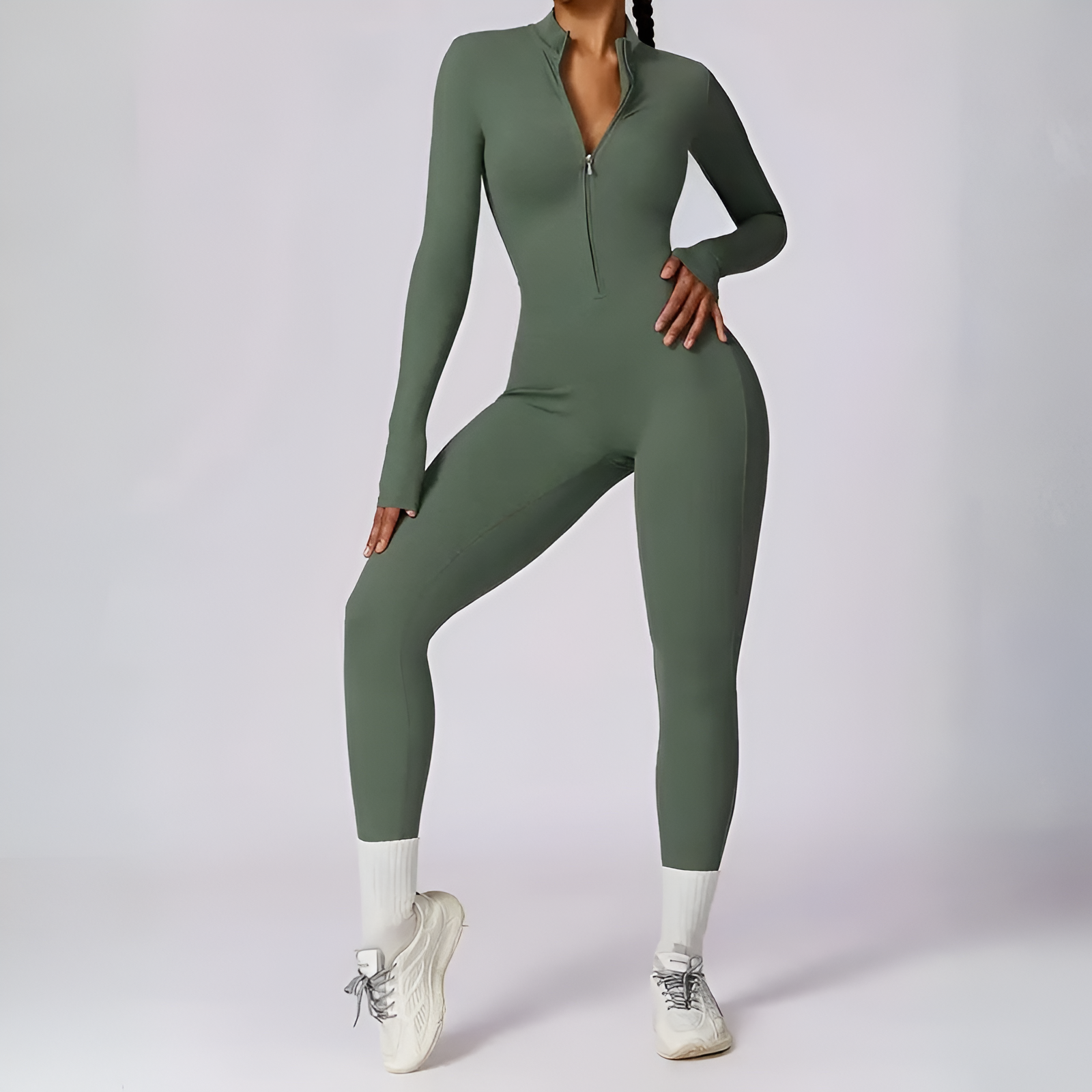 Solid Zip Front Long Sleeve Jumpsuit