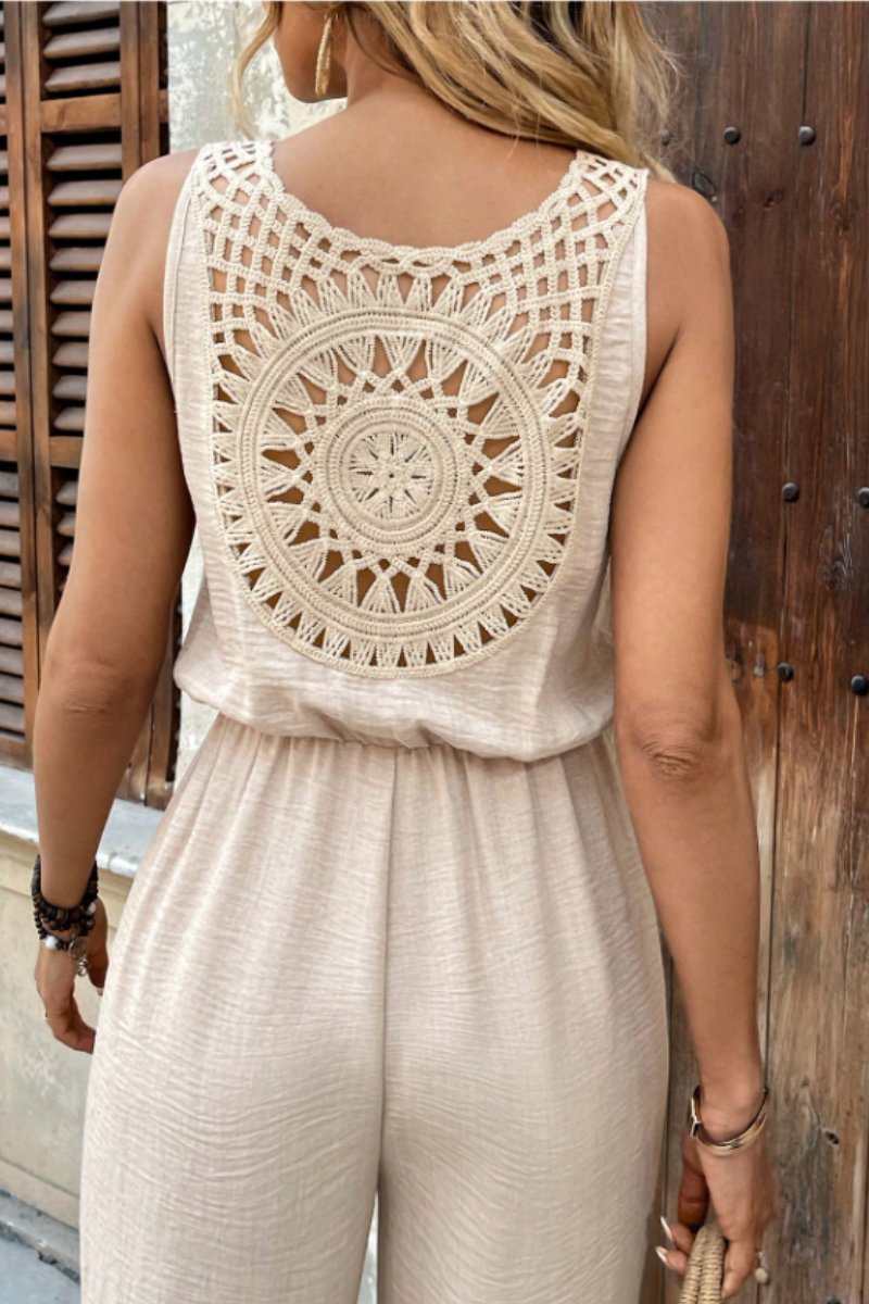 Casual Vacation Sleeveless Jumpsuit Bohemian Crochet Back Detail