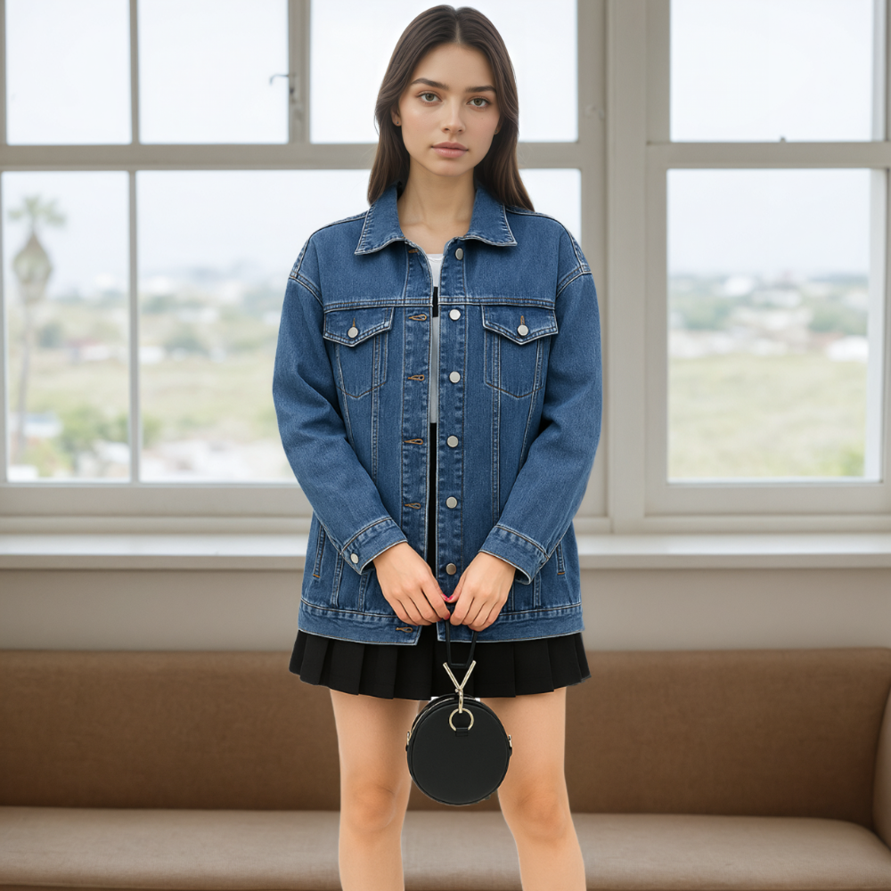 Women’s Oversized Mid Long Denim Jacket Casual Jean Biker Coat