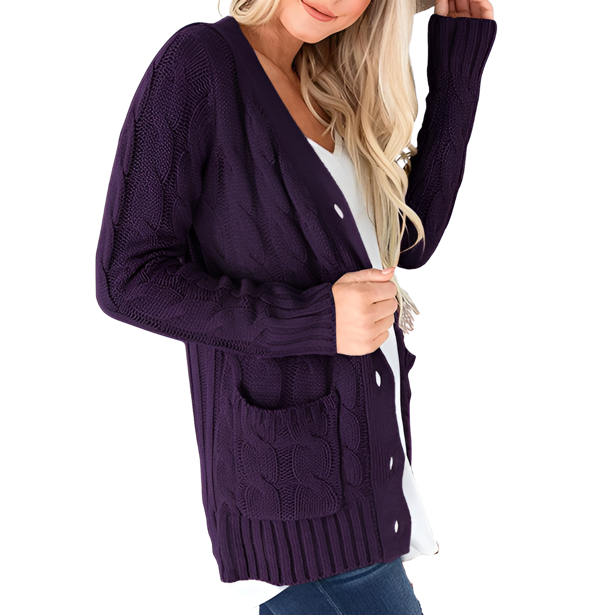 Cable Knit Button Front Open Cardigan