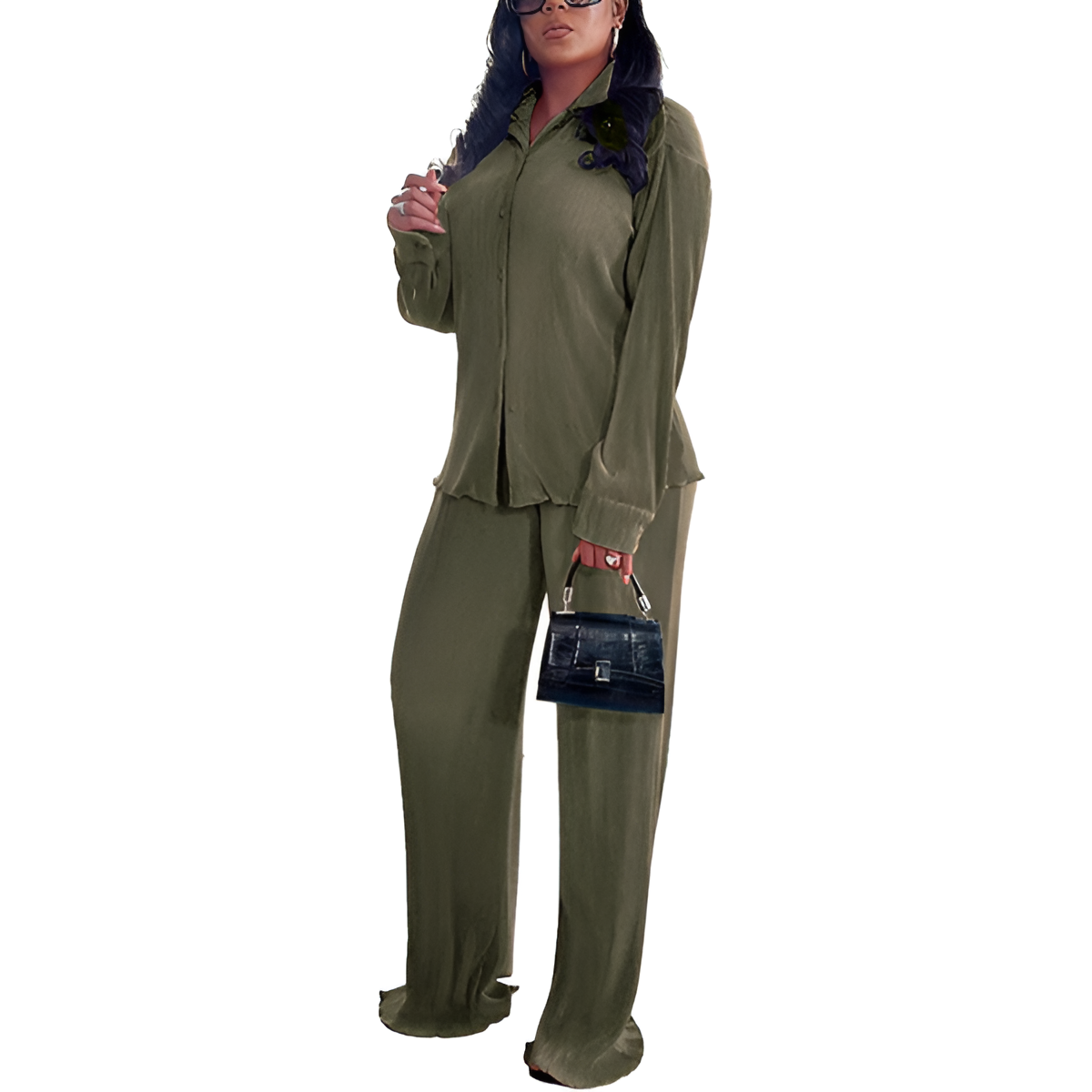 2 Piece Button Down Shirt And Pleated Pants Set For Women