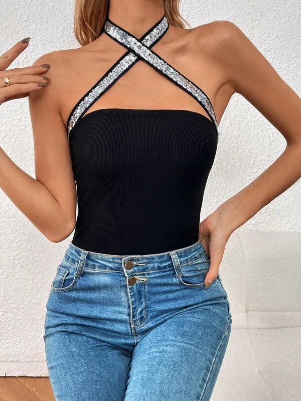 Sequin Criss Cross Bodysuit-Comfy Jumpsuits