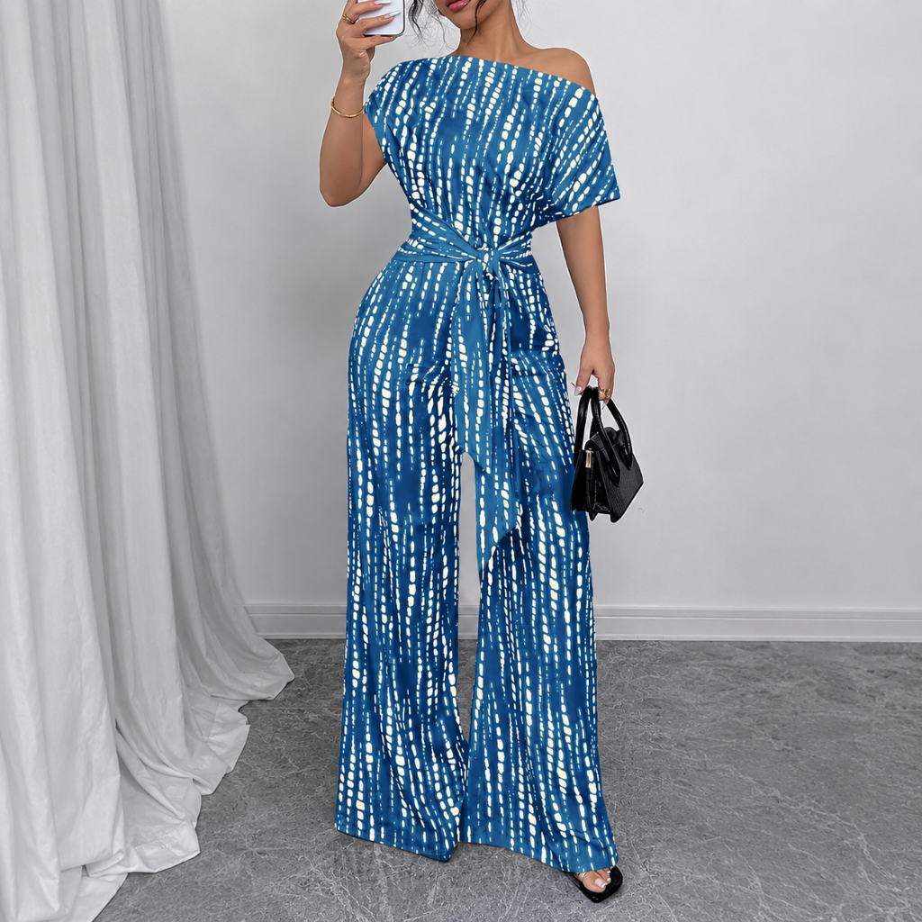 Loose Fit Tie Front Batwing Sleeve Wide Asymmetrical One Piece Jumpsuit For Women