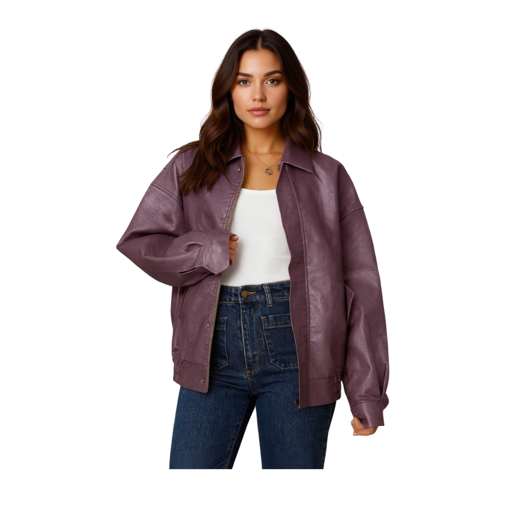 Oversized Faux Leather Motorcycle Jacket For Women