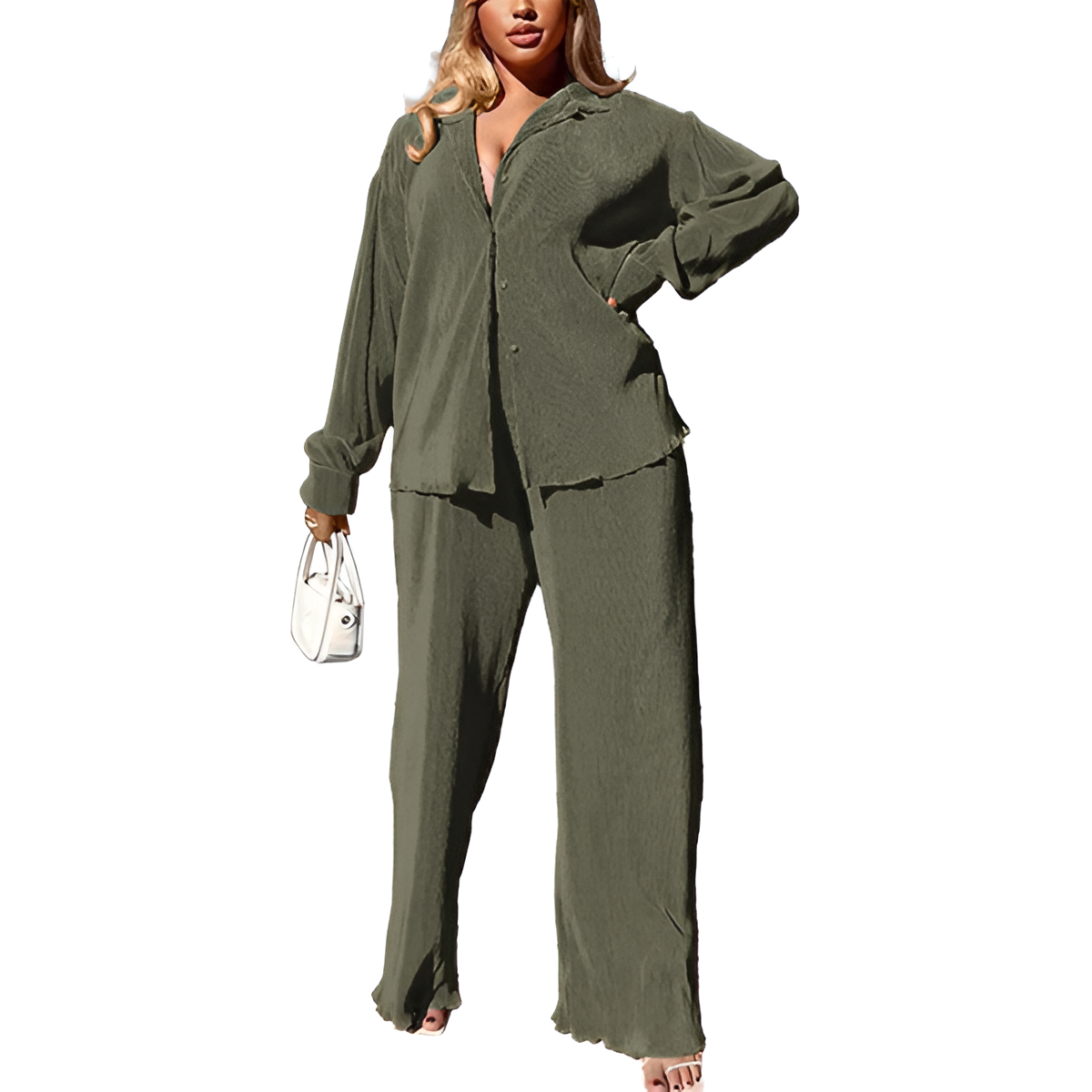 2 Piece Button Down Shirt And Pleated Pants Set For Women