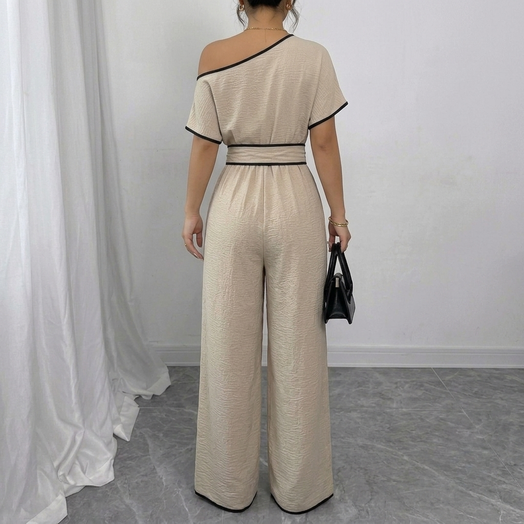Loose Fit Tie Front Batwing Sleeve Wide Asymmetrical One Piece Jumpsuit For Women