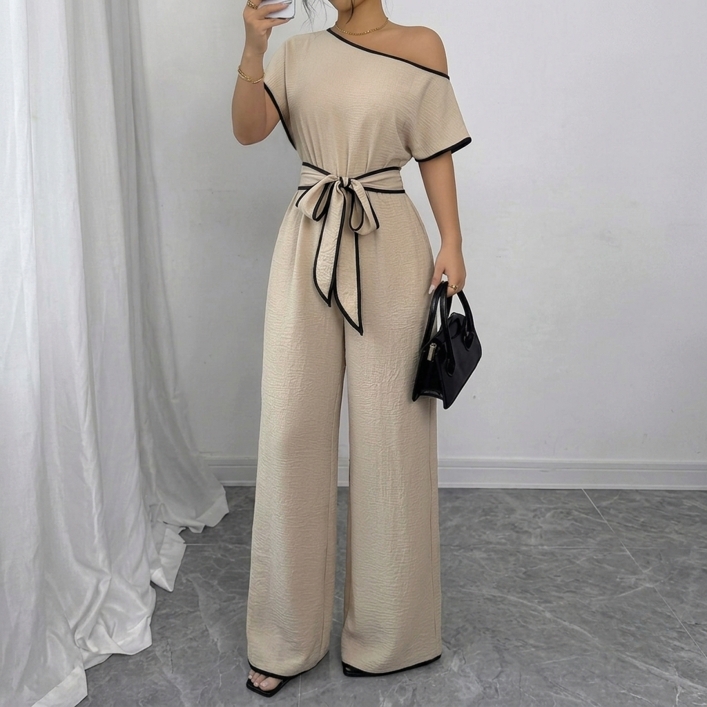 Loose Fit Tie Front Batwing Sleeve Wide Asymmetrical One Piece Jumpsuit For Women