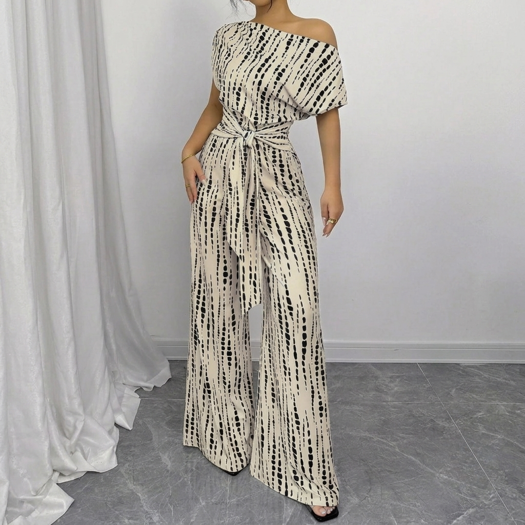 Loose Fit Tie Front Batwing Sleeve Wide Asymmetrical One Piece Jumpsuit For Women