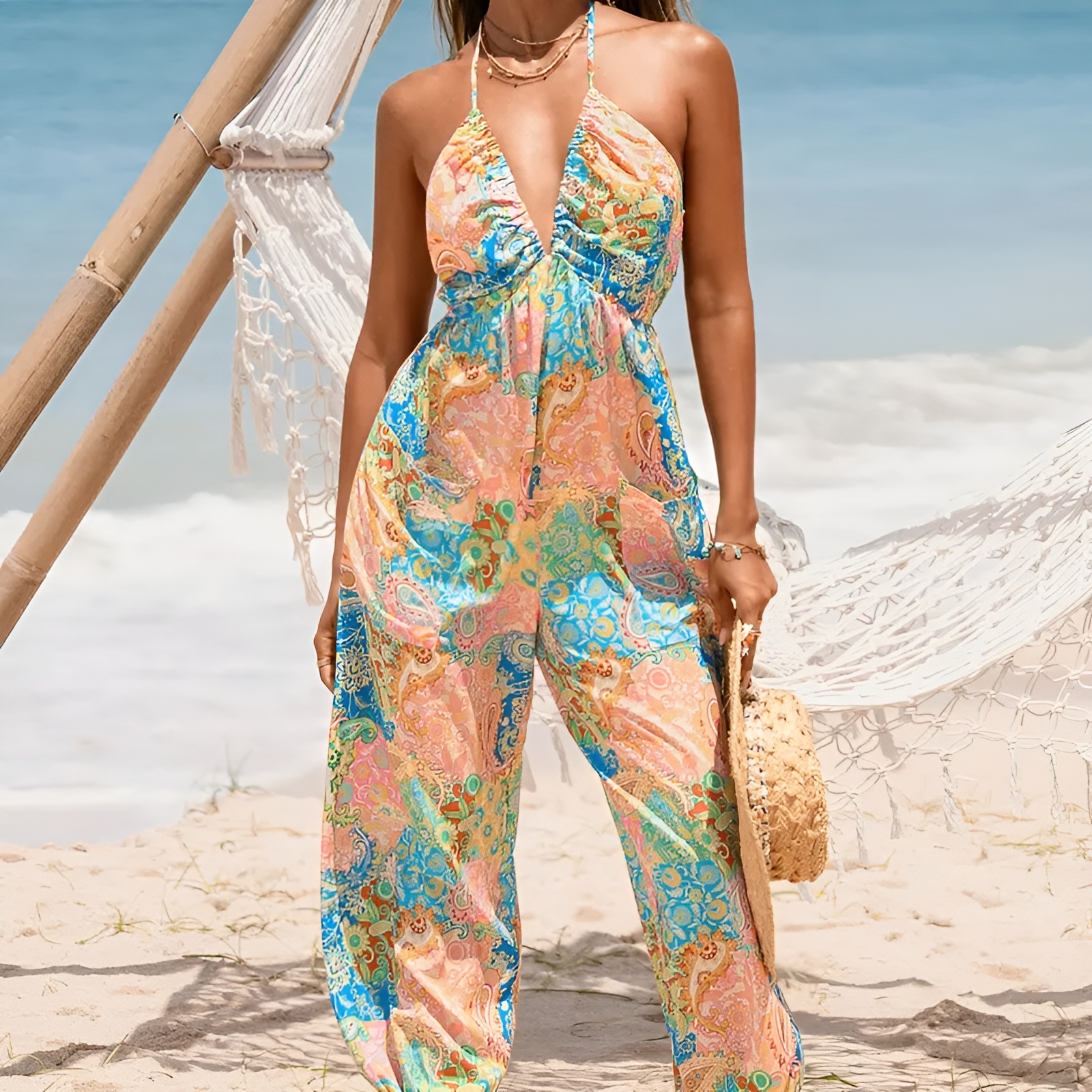 Women Basic Plunge Halter Sleeveless Pleated Long Romper Knit Jogger Maxi Jumpsuit