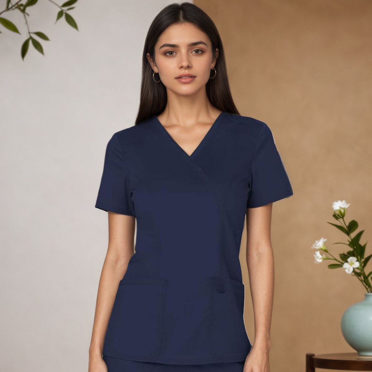 Women Scrubs Mock Wrap Top With 3 Pockets