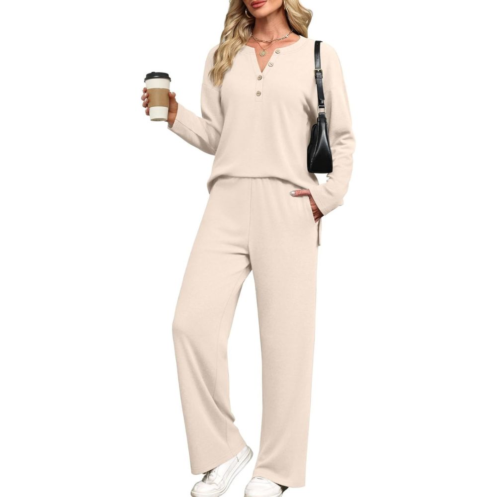 Lounge Sets for Women 2 Piece V Neck Button Matching Sweatsuit Loungewear
