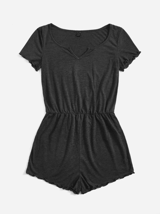 Notched Neck Lettuce Trim Romper-Comfy Jumpsuits