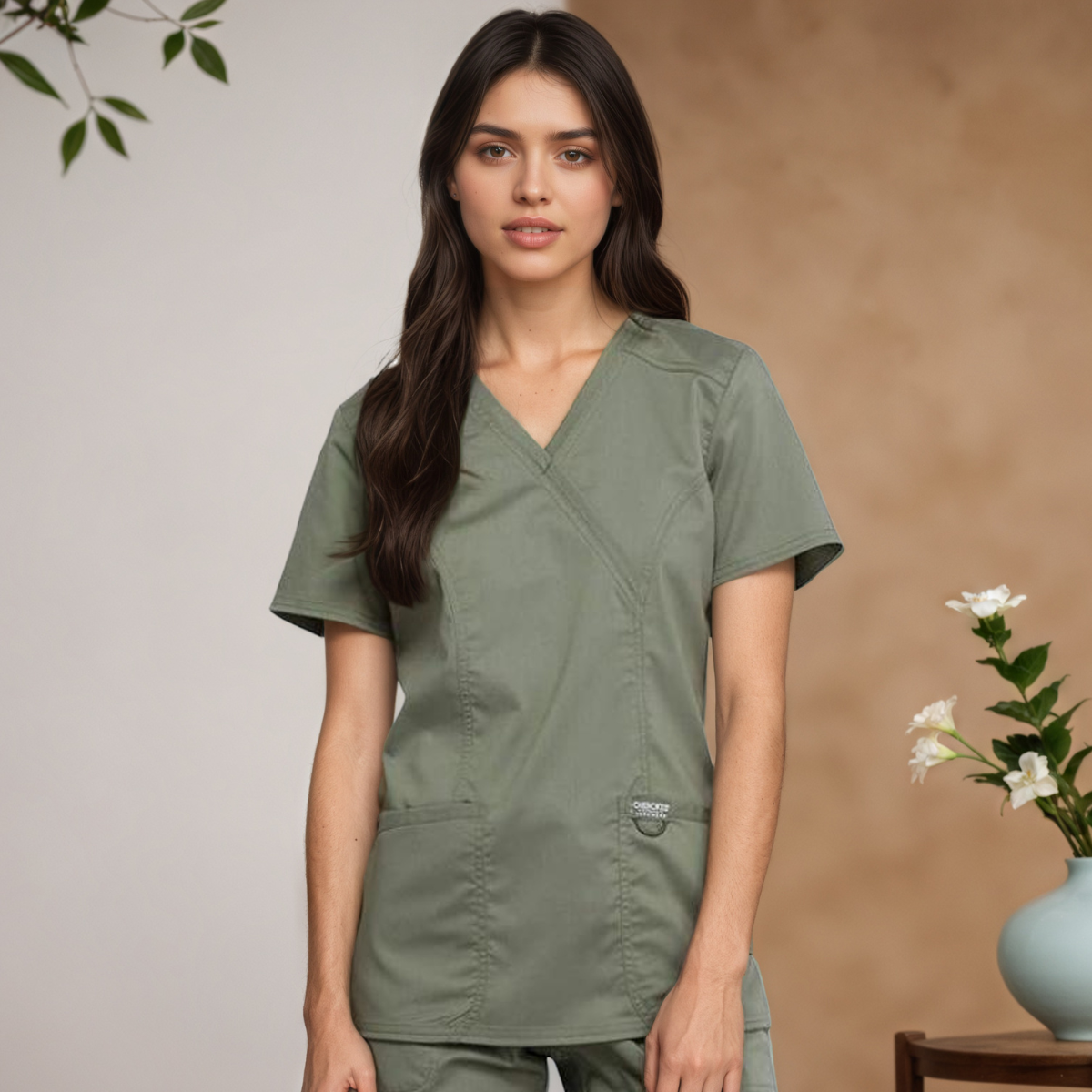 Women Scrubs Mock Wrap Top With 3 Pockets