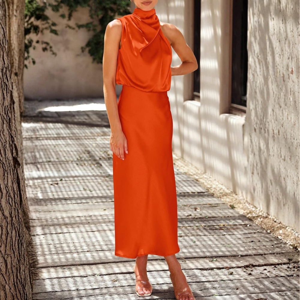 Elegant Sleeveless Satin Maxi Cocktail Party Dress