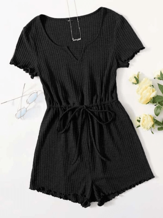 Notched Neck Lettuce Trim Romper-Comfy Jumpsuits