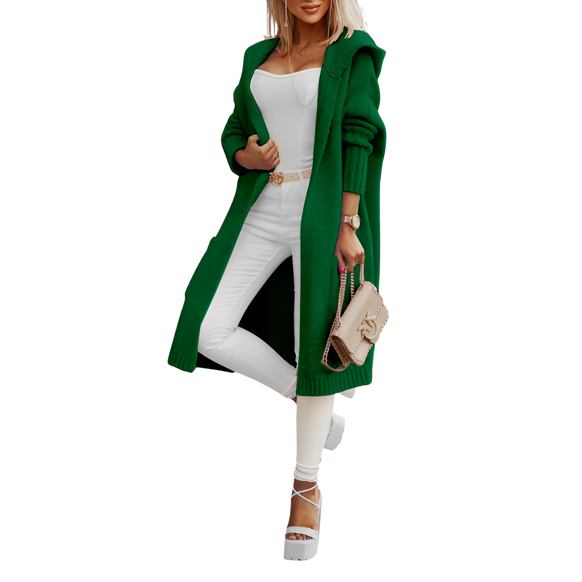Long Knitted Hooded Cardigan With Open Front  For Women