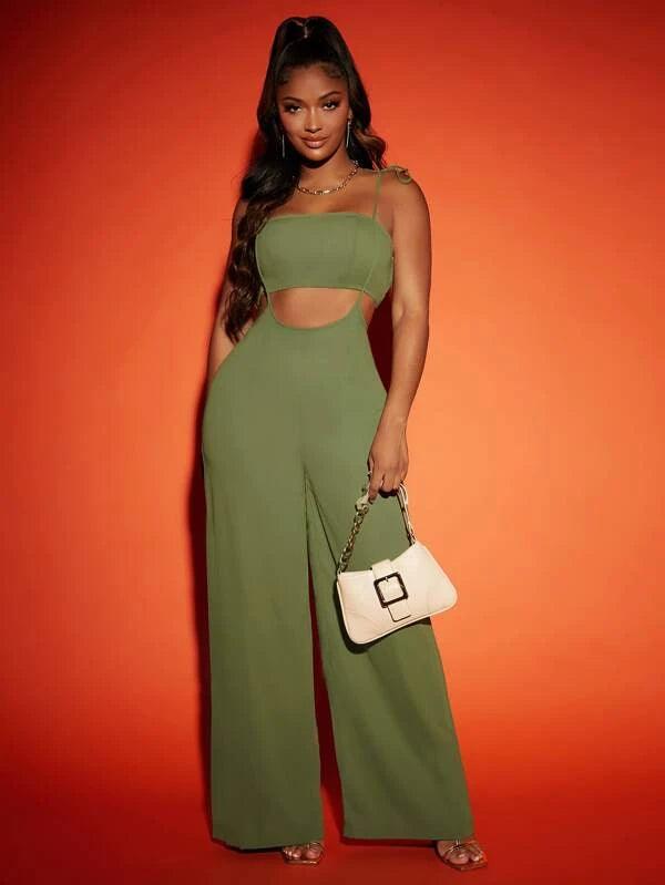 Cut Out Shirred Back Tie Shoulder Cami-Comfy Jumpsuits