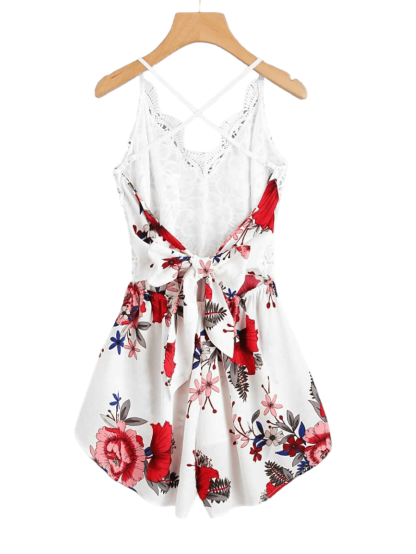 Lace Floral Print Self-Tie Romper-Comfy Jumpsuits