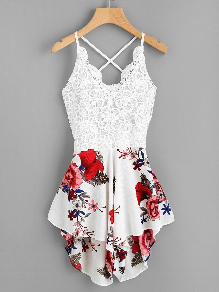 Lace Floral Print Self-Tie Romper-Comfy Jumpsuits