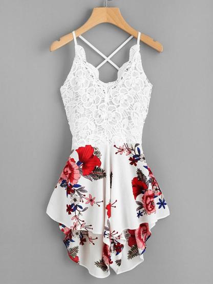 Lace Floral Print Self-Tie Romper-Comfy Jumpsuits