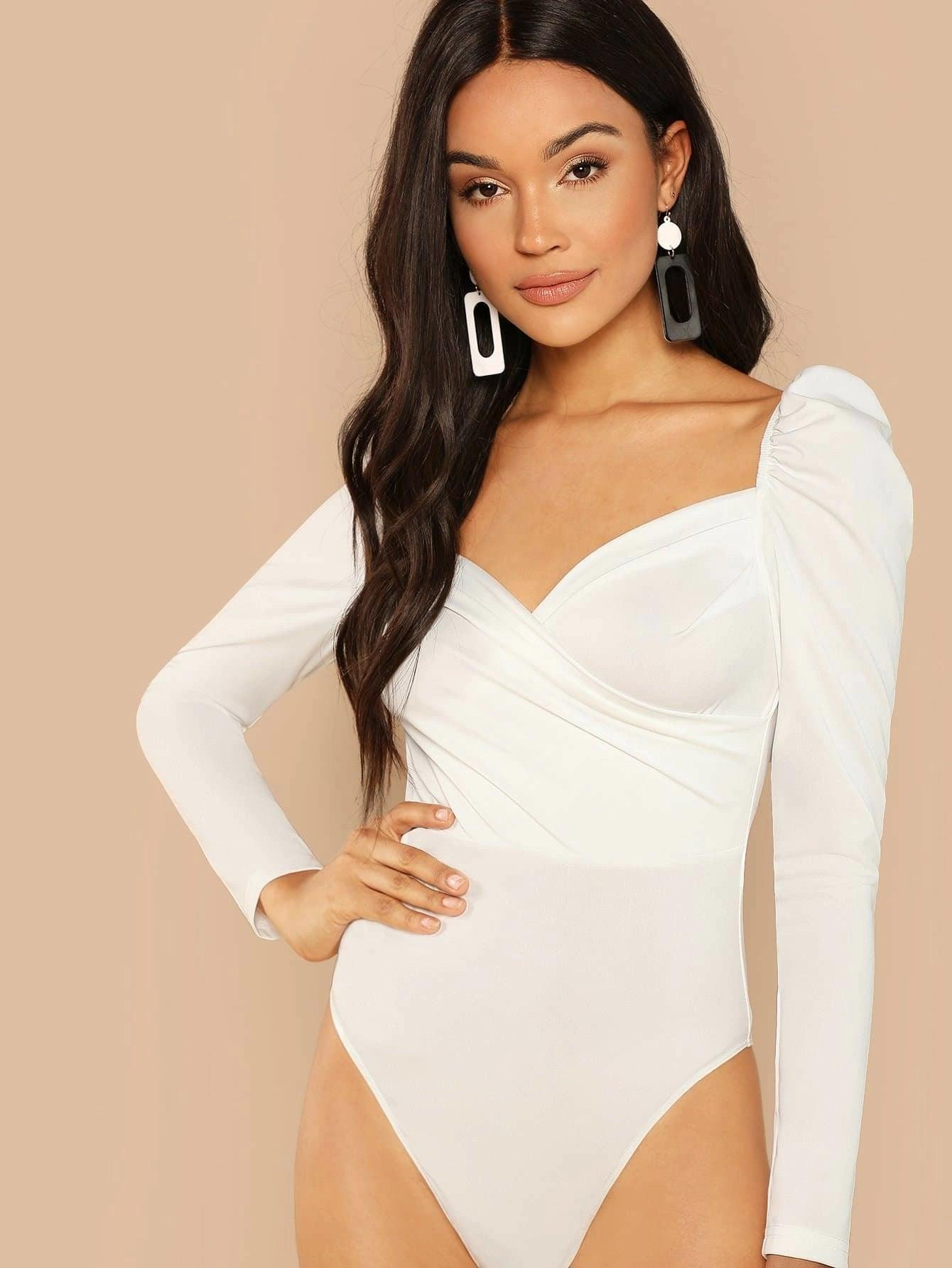 Puff Sleeve Surplice Neck Ruched Bodysuit-Comfy Jumpsuits