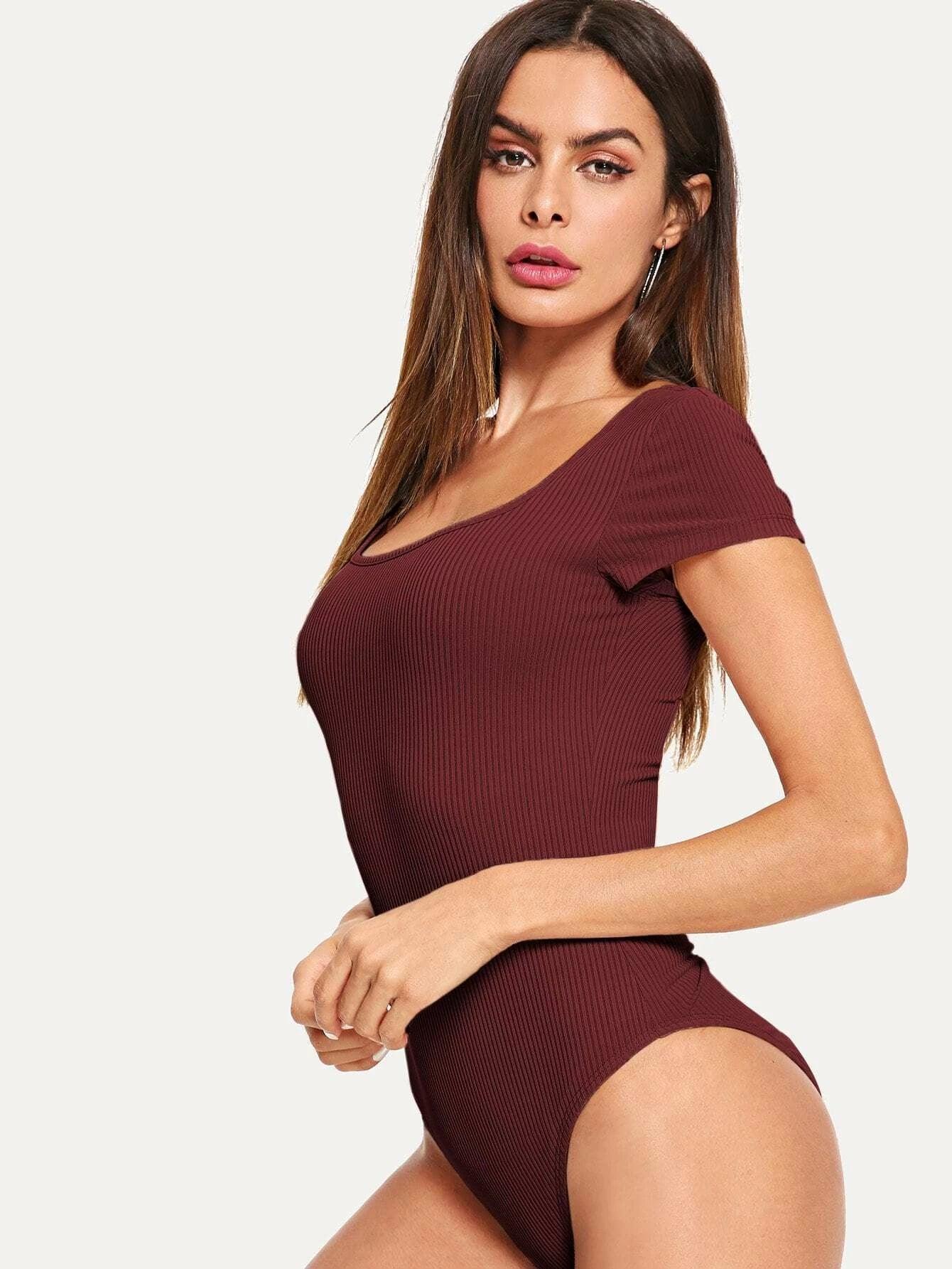 Square Neck Rib-knit Tee Bodysuit-Comfy Jumpsuits