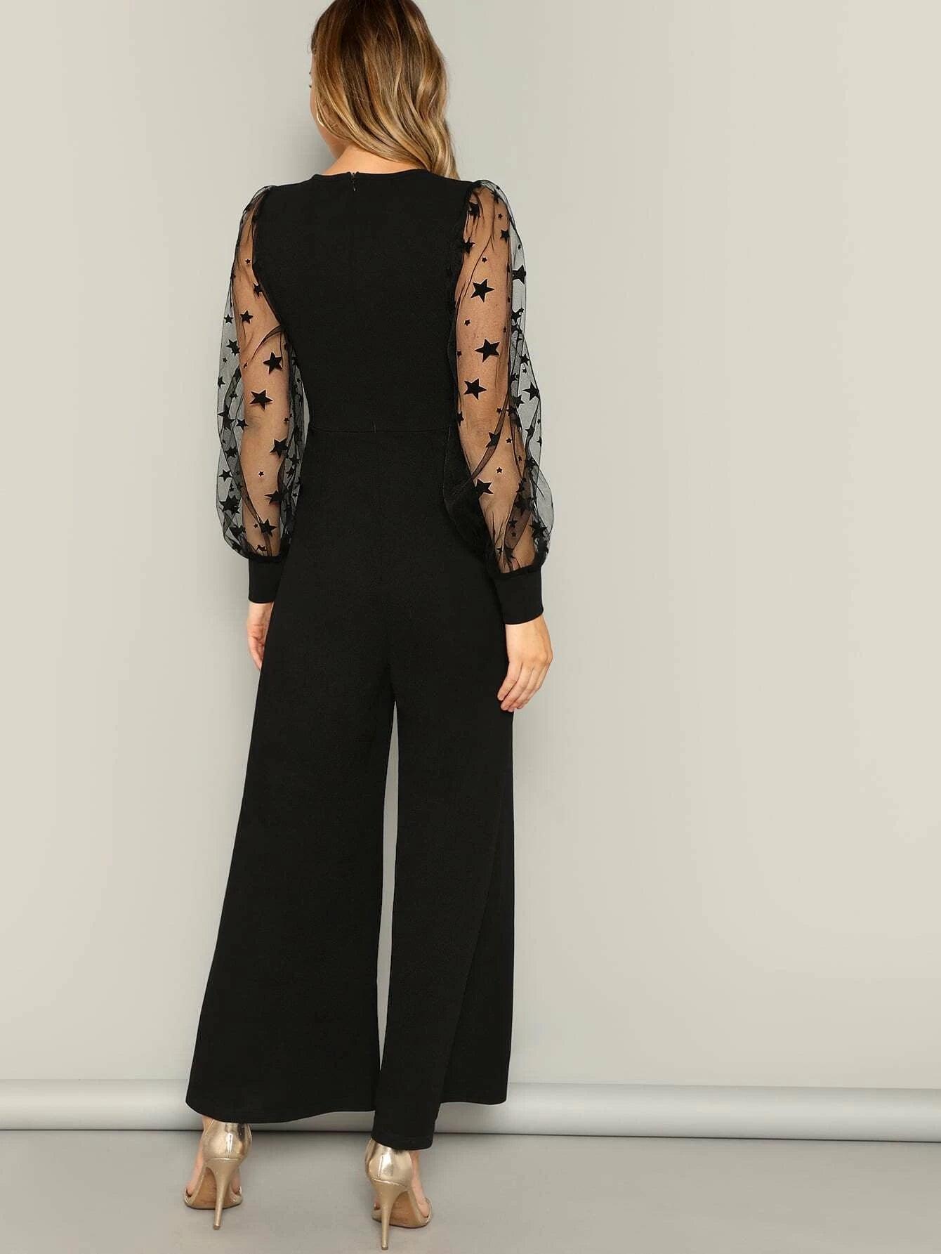 Contrast Mesh V Neck Jumpsuit-Comfy Jumpsuits