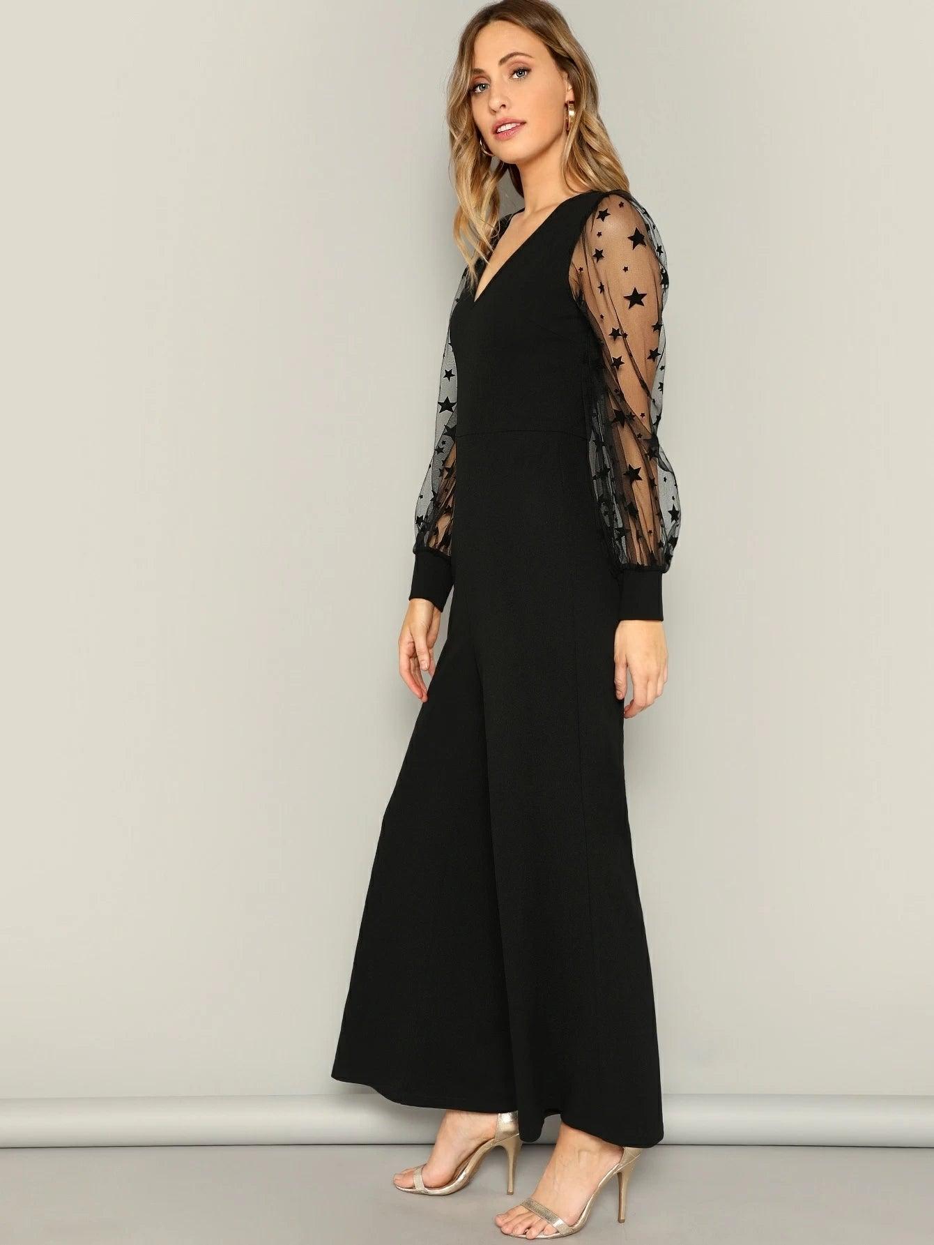 Contrast Mesh V Neck Jumpsuit-Comfy Jumpsuits