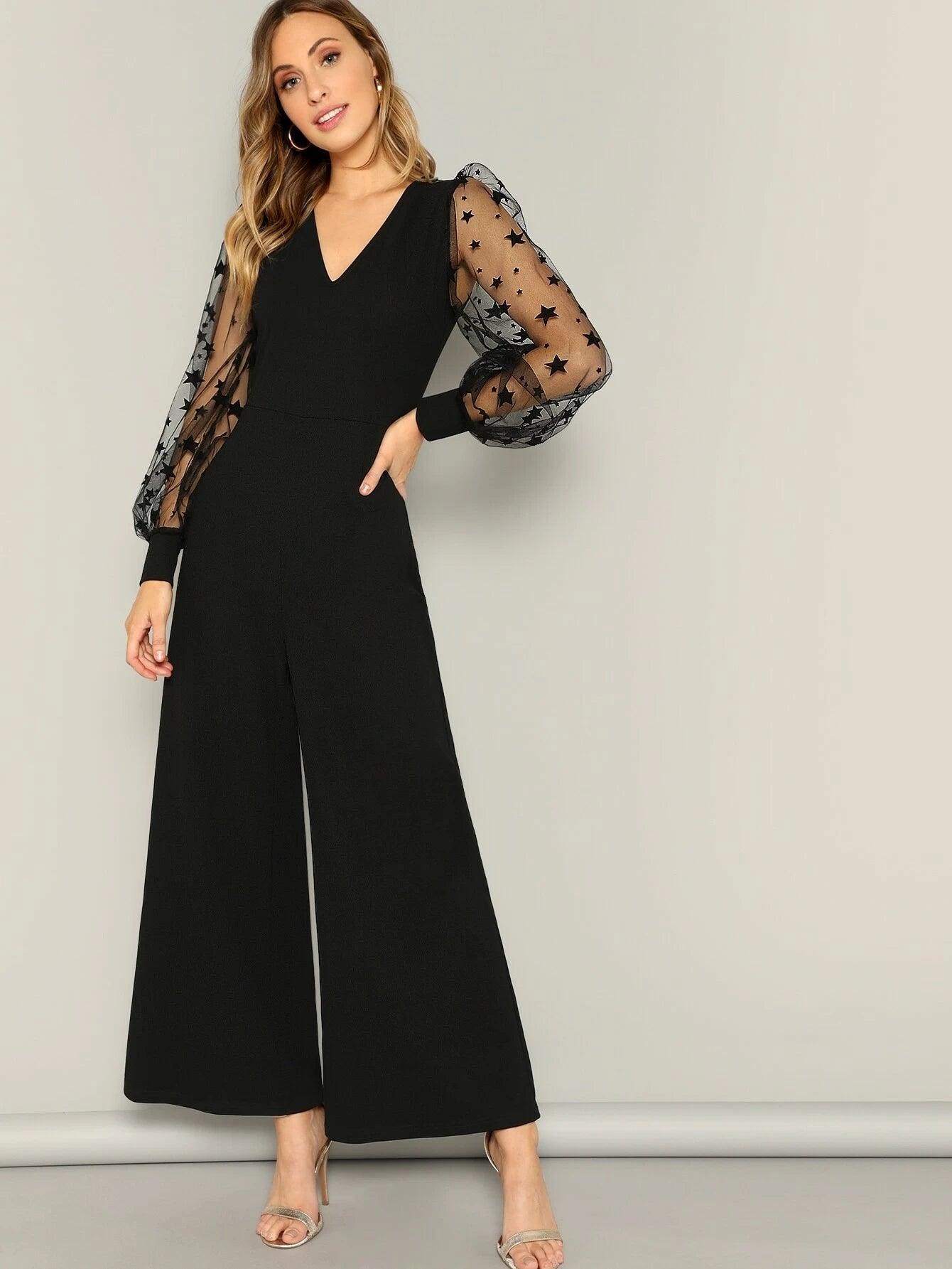 Contrast Mesh V Neck Jumpsuit-Comfy Jumpsuits