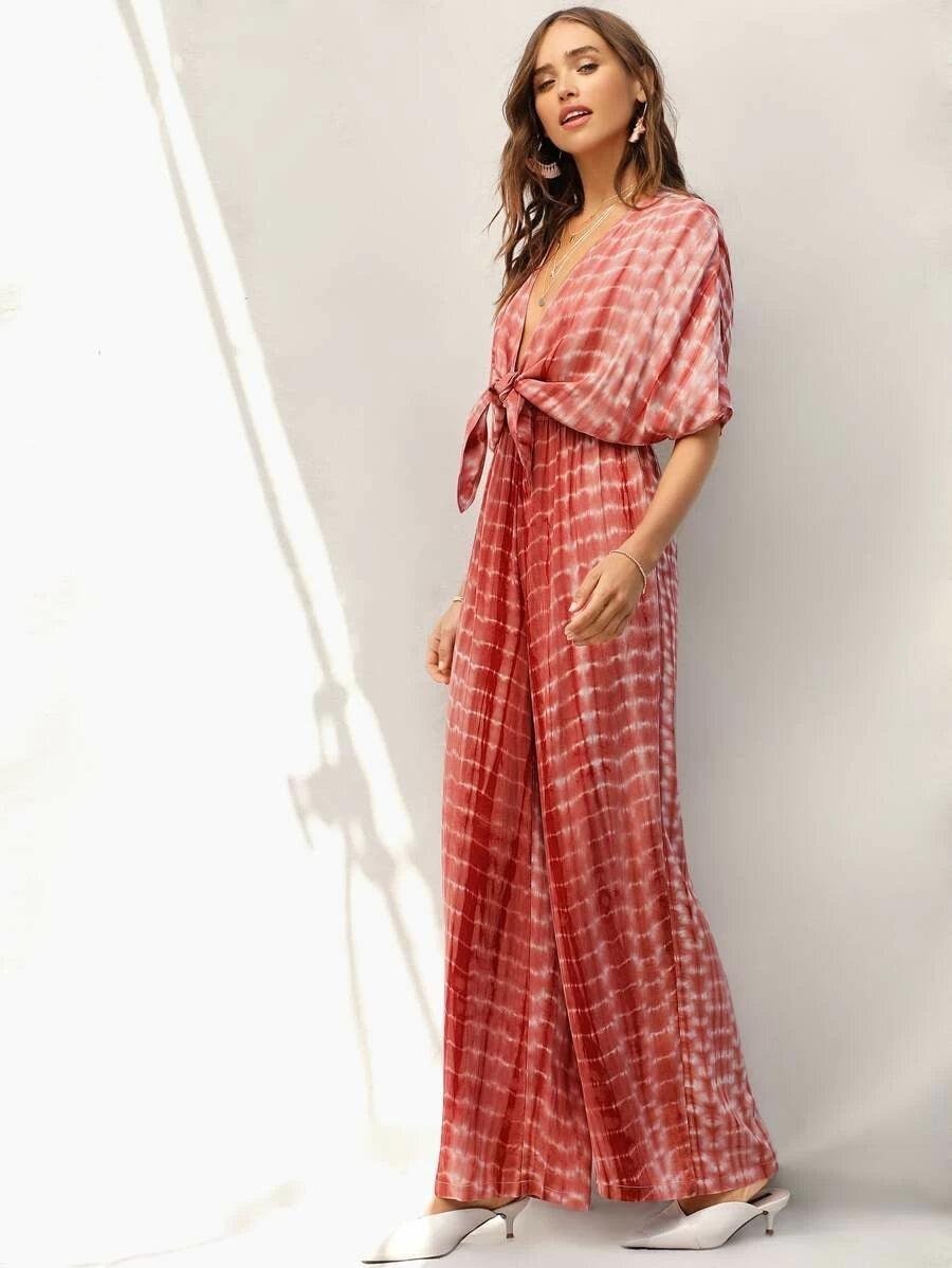 Plunging Neck Knot Front Tie Dye Palazzo Jumpsuit-Comfy Jumpsuits