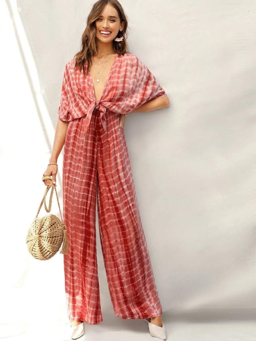 Plunging Neck Knot Front Tie Dye Palazzo Jumpsuit-Comfy Jumpsuits