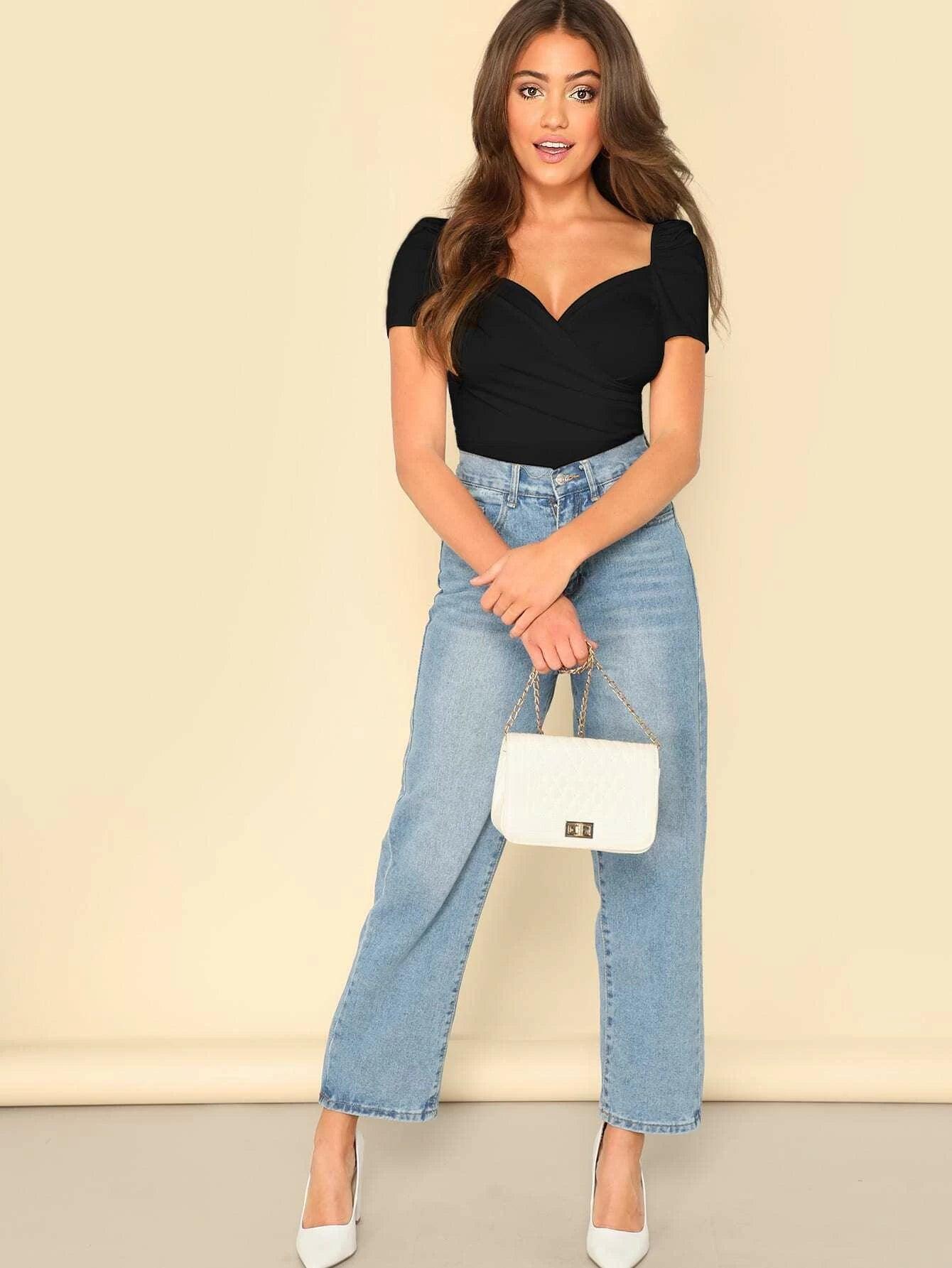 Puff Sleeve Wrap Bodysuit-Comfy Jumpsuits