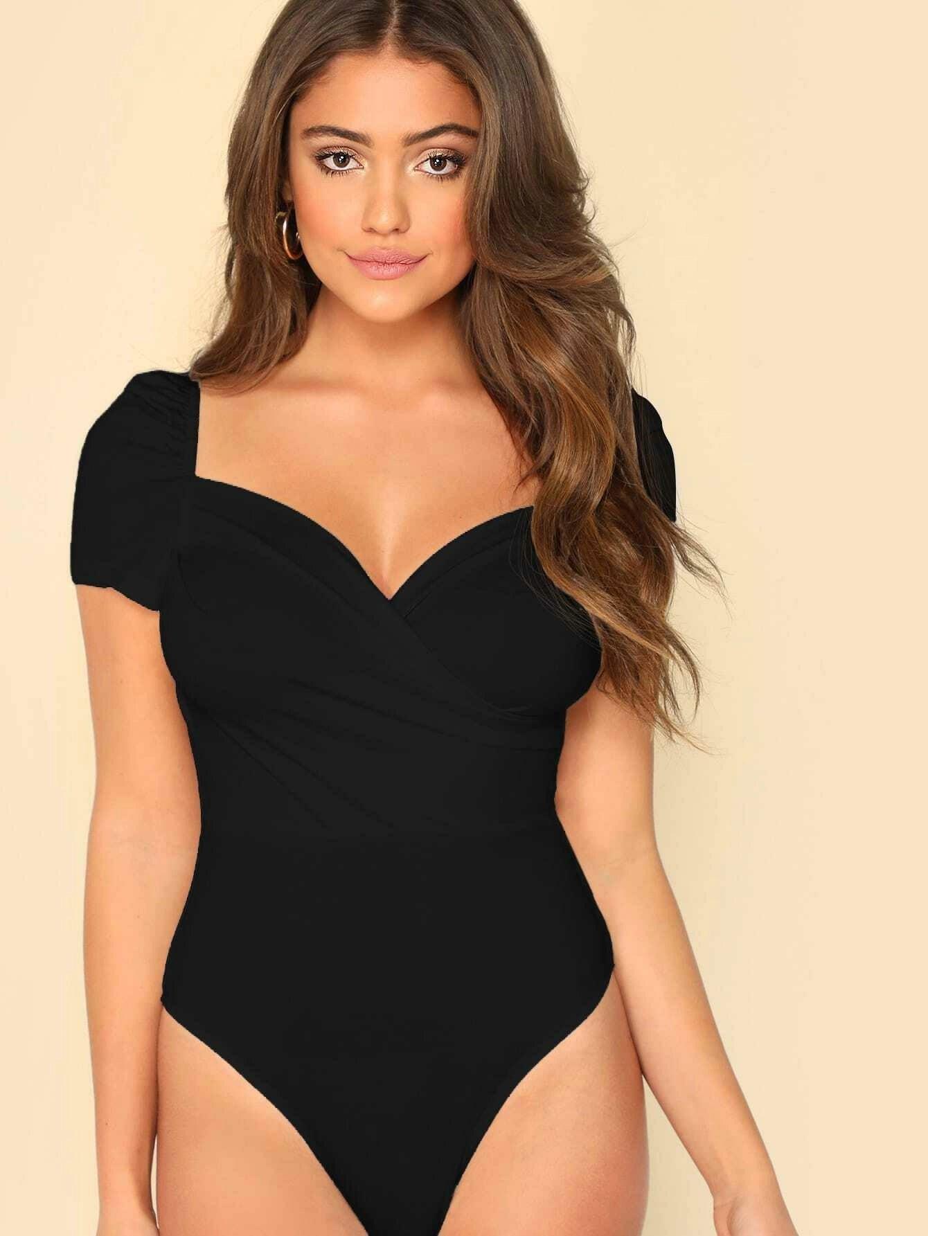 Puff Sleeve Wrap Bodysuit-Comfy Jumpsuits